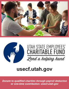 Utah State Employees' Charitable Fund Poster with food line. Lend a helping hand. Donate to qualified charities through payroll deduction or one-time contribution: usecf.utah.gov