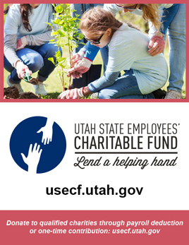 Utah State Employees' Charitable Fund Poster with people planting trees. Lend a helping hand. Donate to qualified charities through payroll deduction or one-time contribution: usecf.utah.gov
